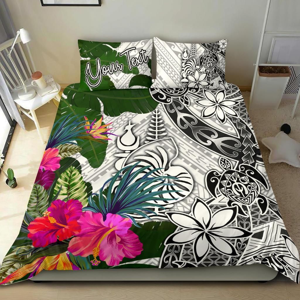 New Caledonia Custom Personalised Bedding Set White - Turle Plumeria Banana Leaf Crest