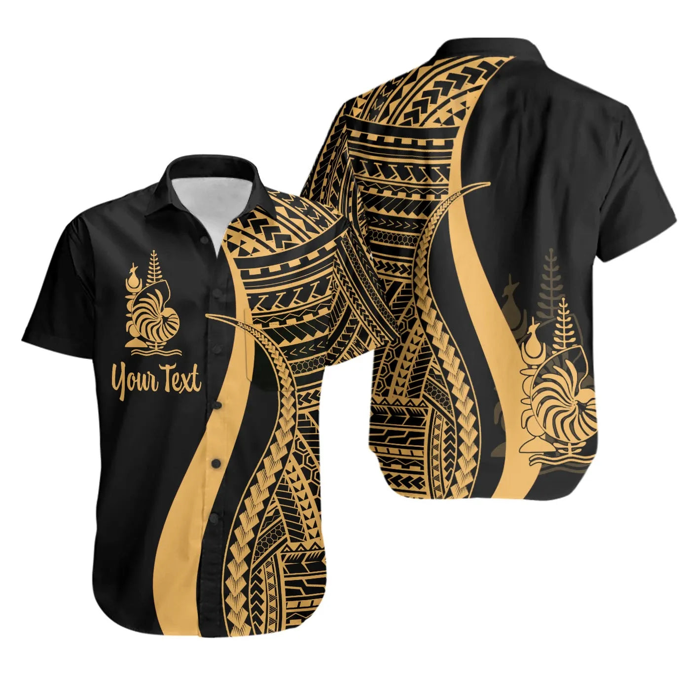 New Caledonia Custom Personalised Short Sleeve Shirt - Gold Polynesian Tentacle Tribal Pattern Crest
