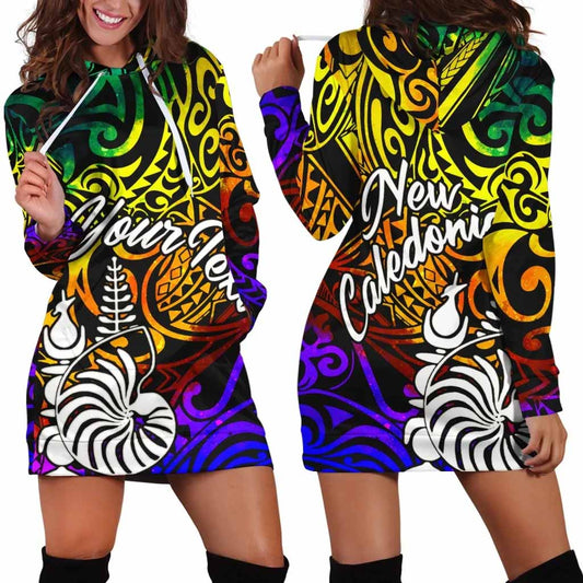 New Caledonia Custom Personalised Hoodie Dress - Rainbow Polynesian Pattern