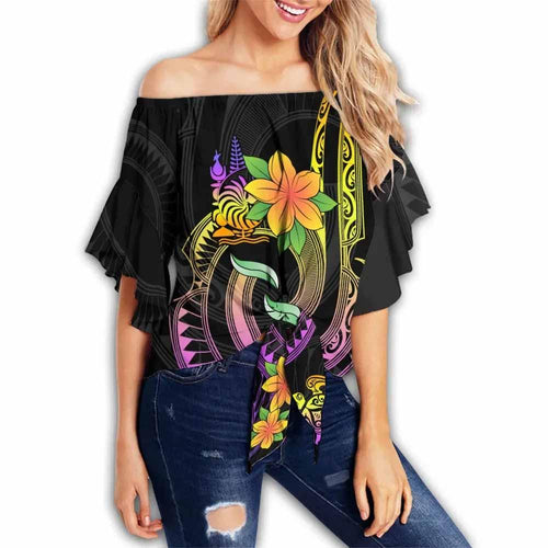 New Caledonia Custom Personalised Off Shoulder Wrap Waist Top - Plumeria Flowers With Spiral Patterns