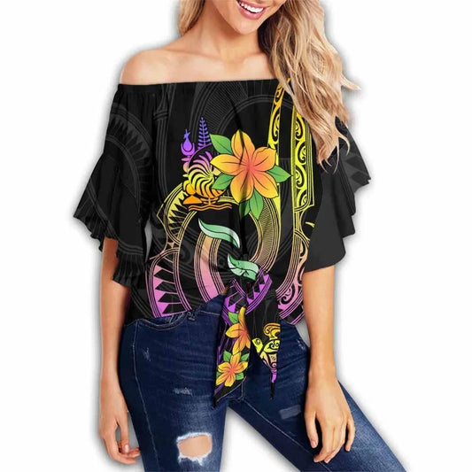 New Caledonia Custom Personalised Off Shoulder Wrap Waist Top - Plumeria Flowers With Spiral Patterns
