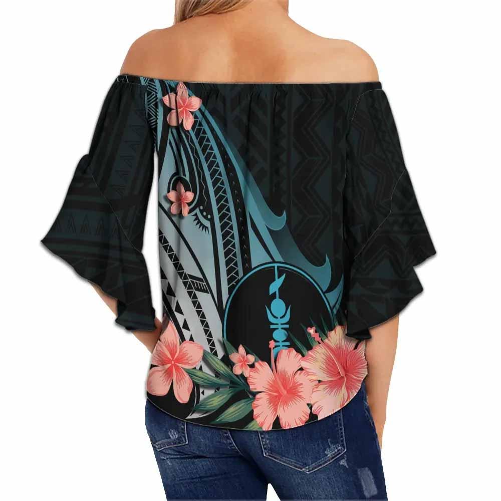 New Caledonia Custom Personalised Off Shoulder Wrap Waist Top - Turquoise Polynesian Hibiscus Pattern Style