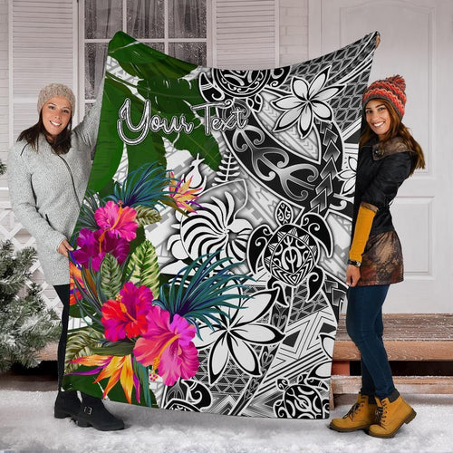 New Caledonia Custom Personalised Premium Blanket White - Turtle Plumeria Banana Leaf Crest