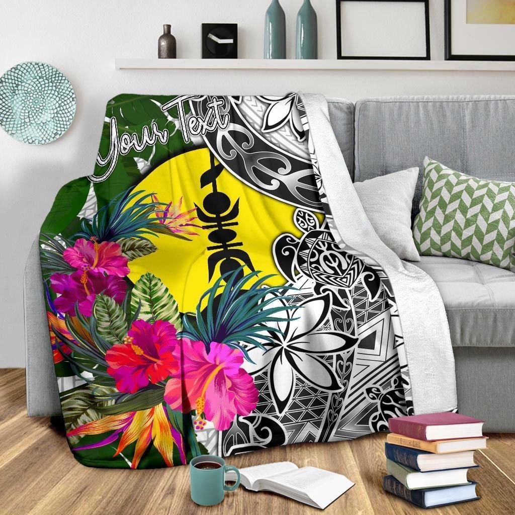 New Caledonia Custom Personalised Premium Blanket White - Turtle Plumeria Banana Leaf
