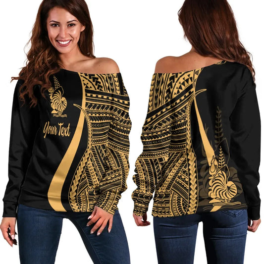 New Caledonia Custom Personalised Women Off Shoulder Sweater - Gold Polynesian Tentacle Tribal Pattern