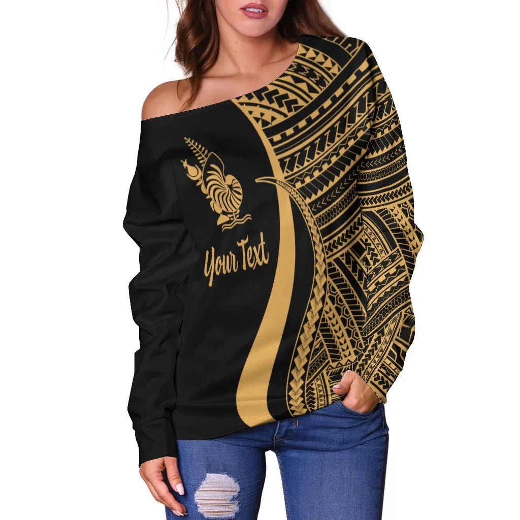 New Caledonia Custom Personalised Women Off Shoulder Sweater - Gold Polynesian Tentacle Tribal Pattern
