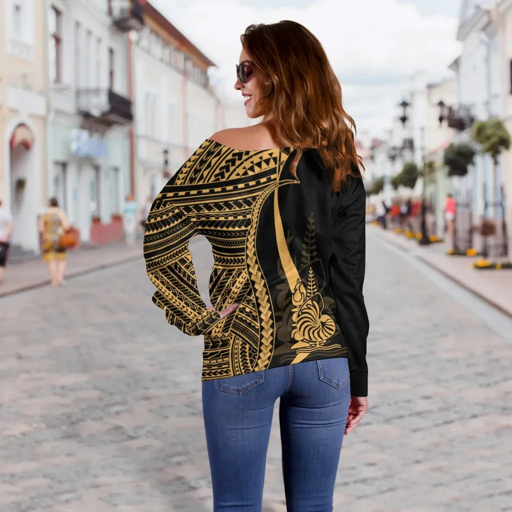 New Caledonia Custom Personalised Women Off Shoulder Sweater - Gold Polynesian Tentacle Tribal Pattern