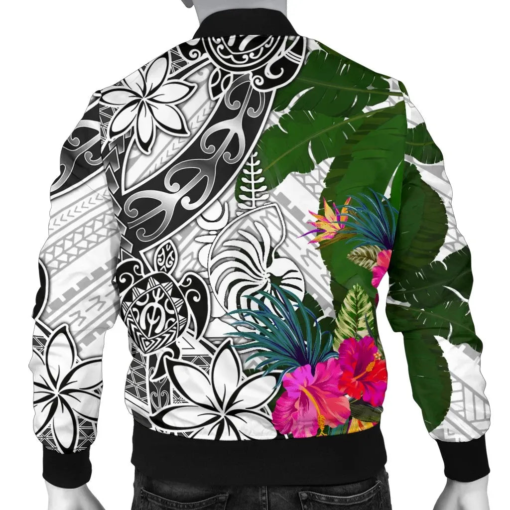 New Caledonia Bomber Jacket White - Turtle Plumeria Banana Leaf Crest