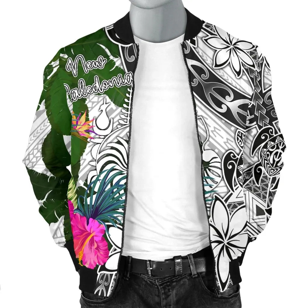 New Caledonia Bomber Jacket White - Turtle Plumeria Banana Leaf Crest