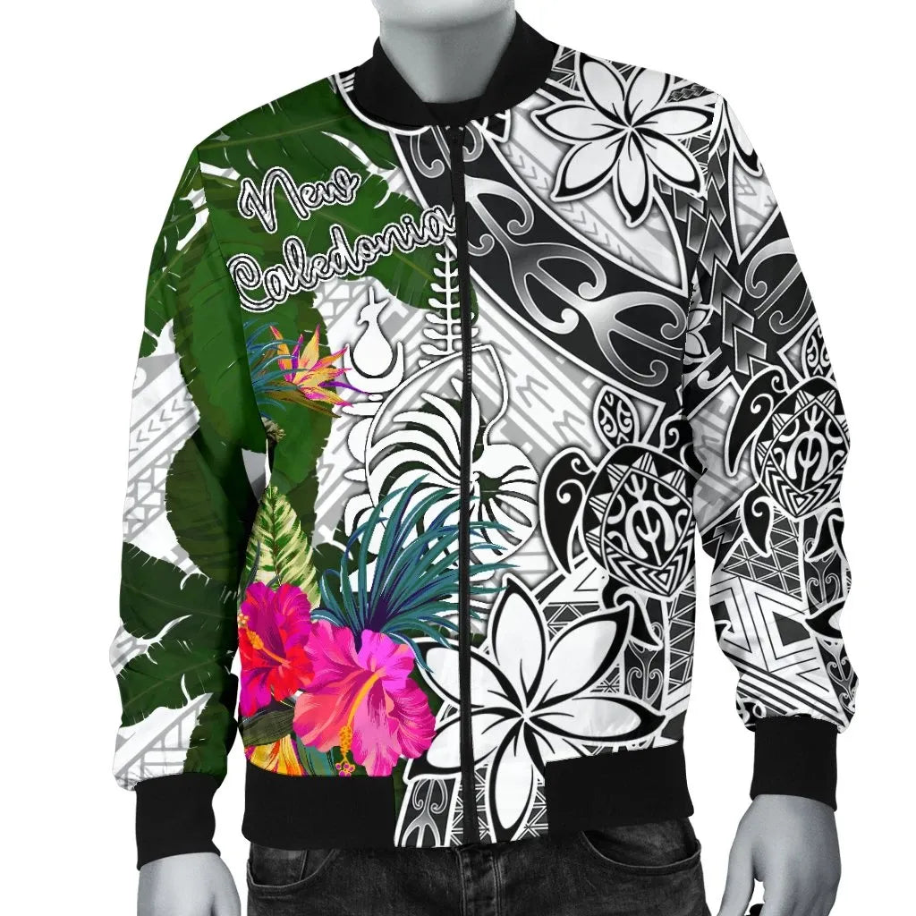 New Caledonia Bomber Jacket White - Turtle Plumeria Banana Leaf Crest