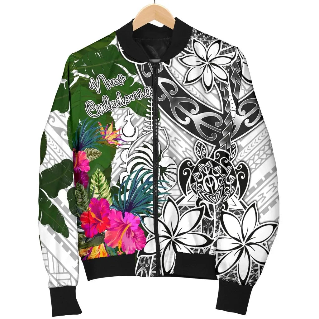 New Caledonia Bomber Jacket White - Turtle Plumeria Banana Leaf Crest