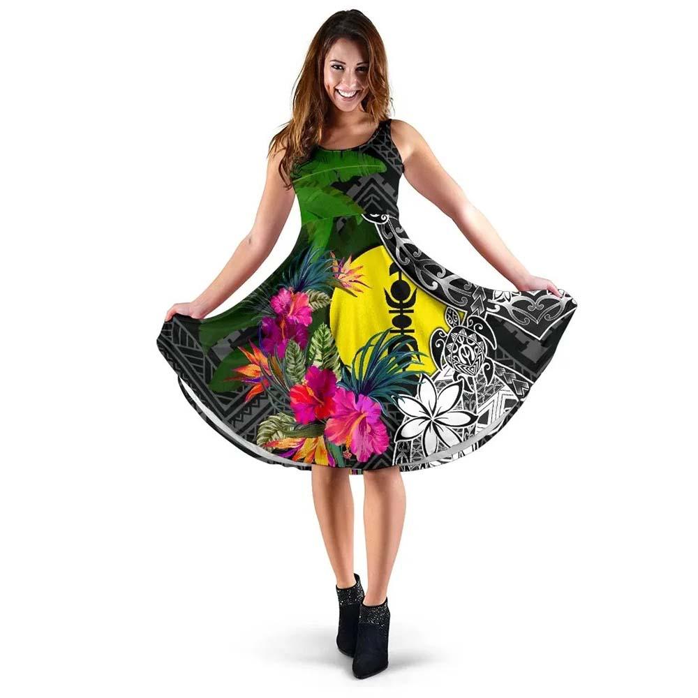 New Caledonia Midi Dress - Turtle Plumeria Banana Leaf