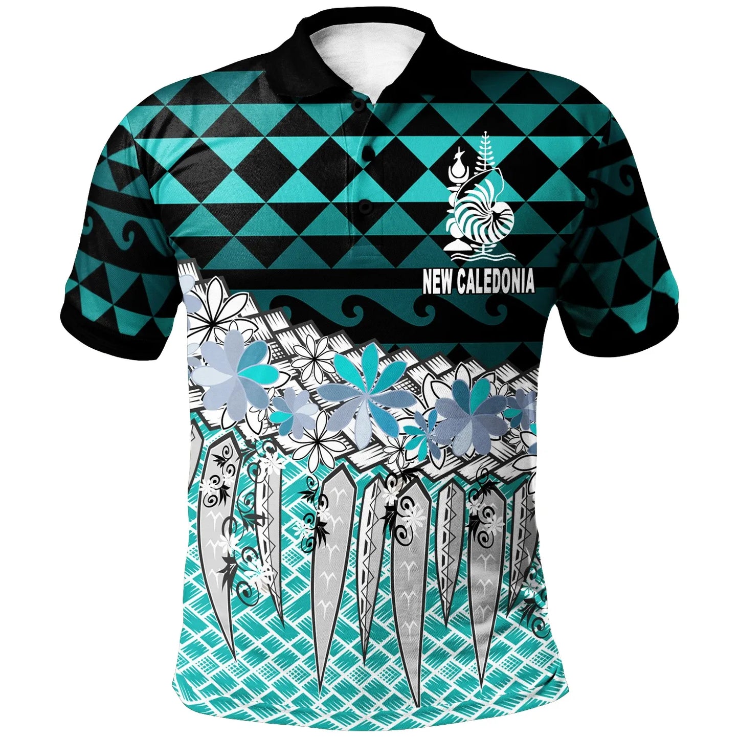 New Caledonia Polo Shirt  - Coconut Leaves Weave Pattern Blue