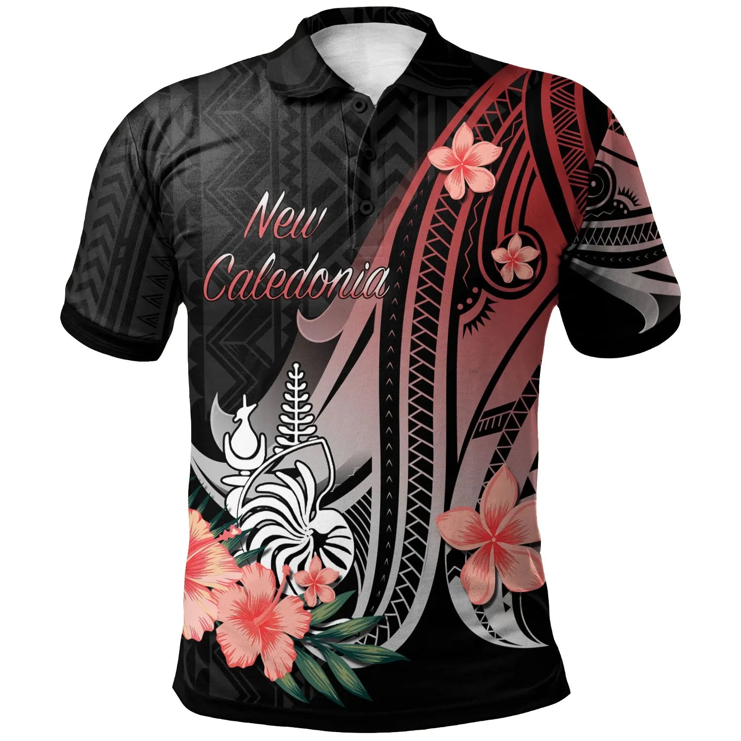New Caledonia Polo Shirt - Red Polynesian Hibiscus Pattern Style