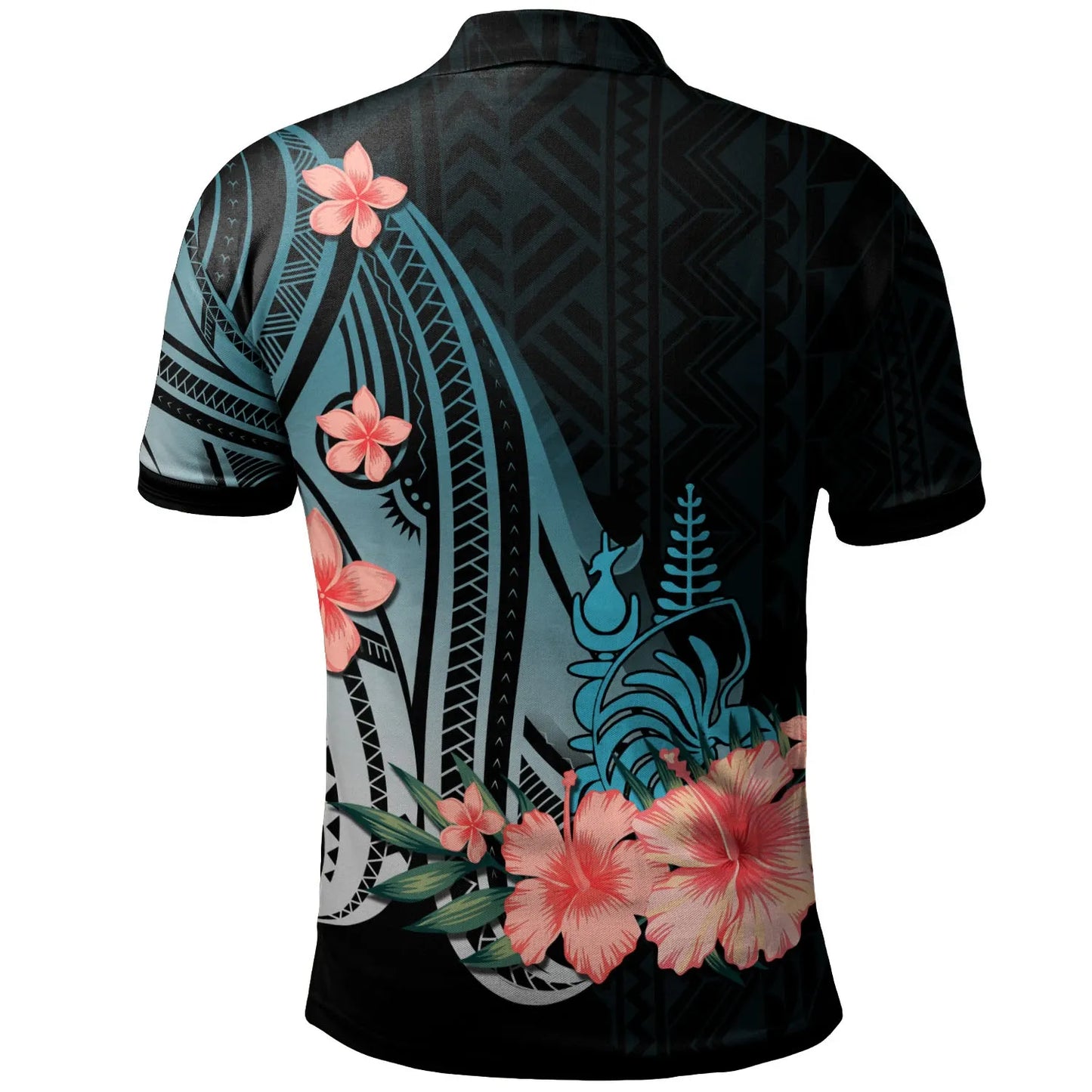 New Caledonia Polo Shirt - Turquoise Polynesian Hibiscus Pattern Style
