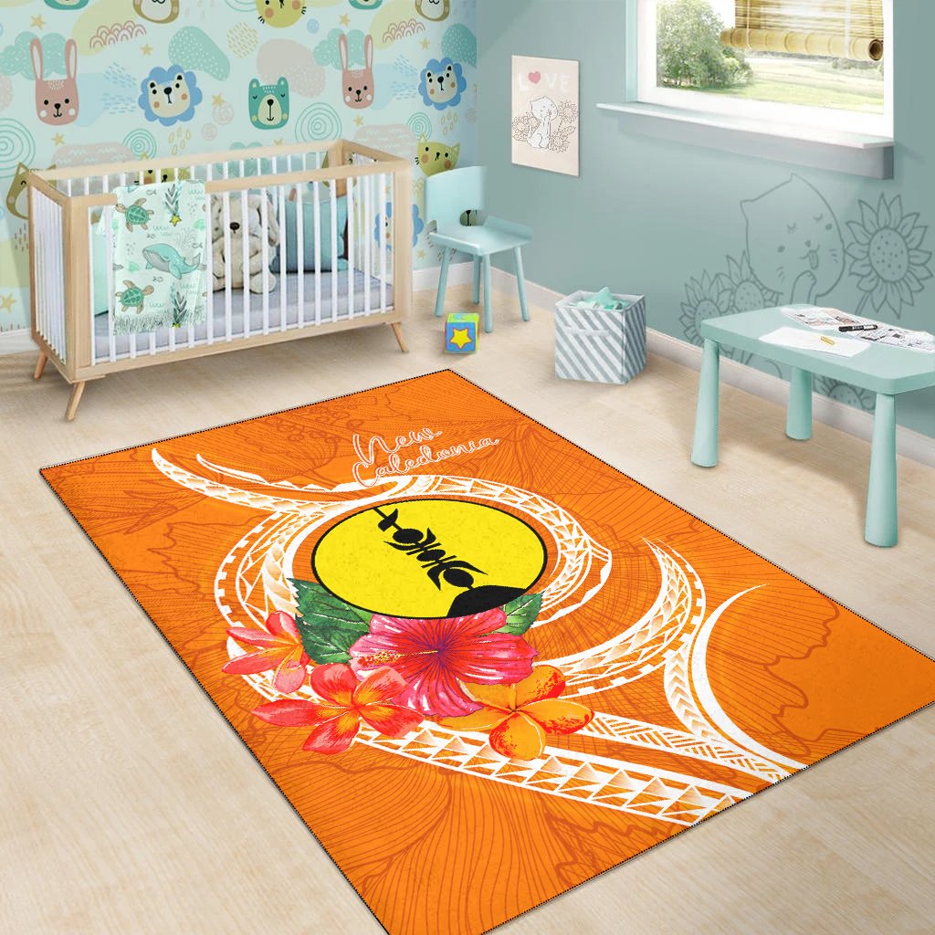 New Caledonia Polynesian Area Rug - Orange Floral With Seal