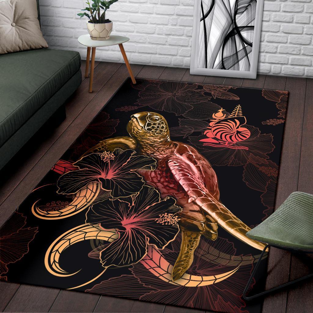 New Caledonia Polynesian Area Rugs - Turtle With Blooming Hibiscus Gold
