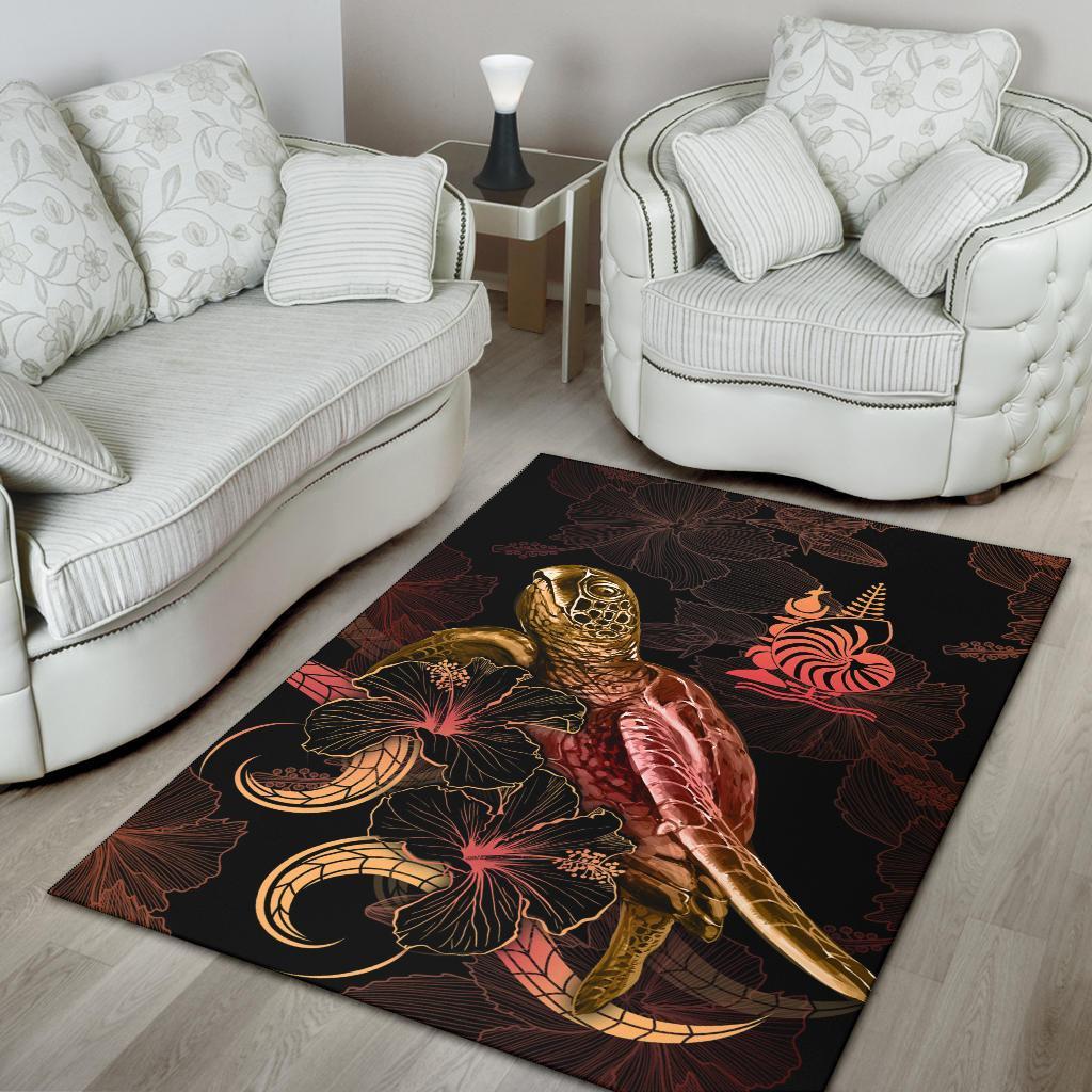 New Caledonia Polynesian Area Rugs - Turtle With Blooming Hibiscus Gold