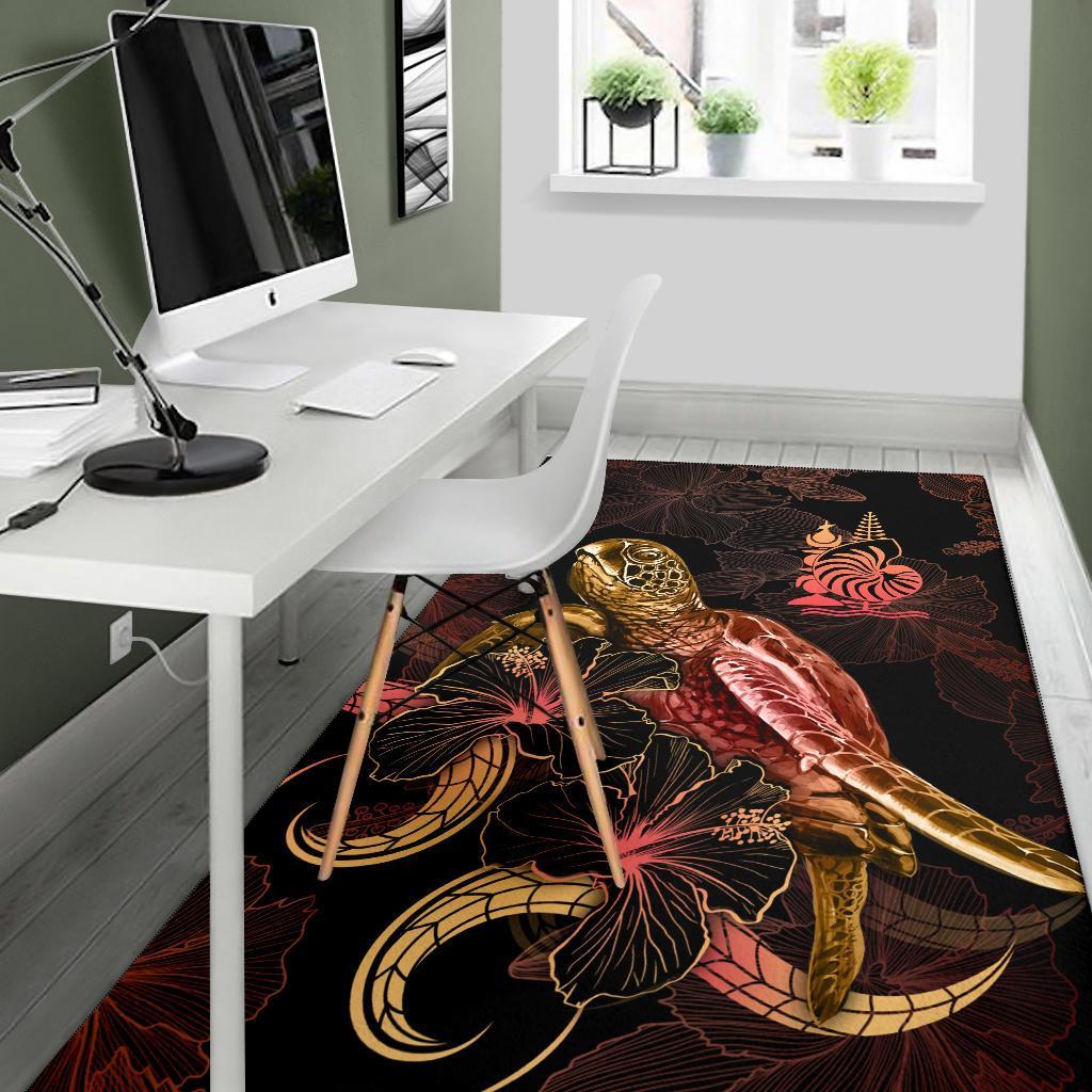 New Caledonia Polynesian Area Rugs - Turtle With Blooming Hibiscus Gold