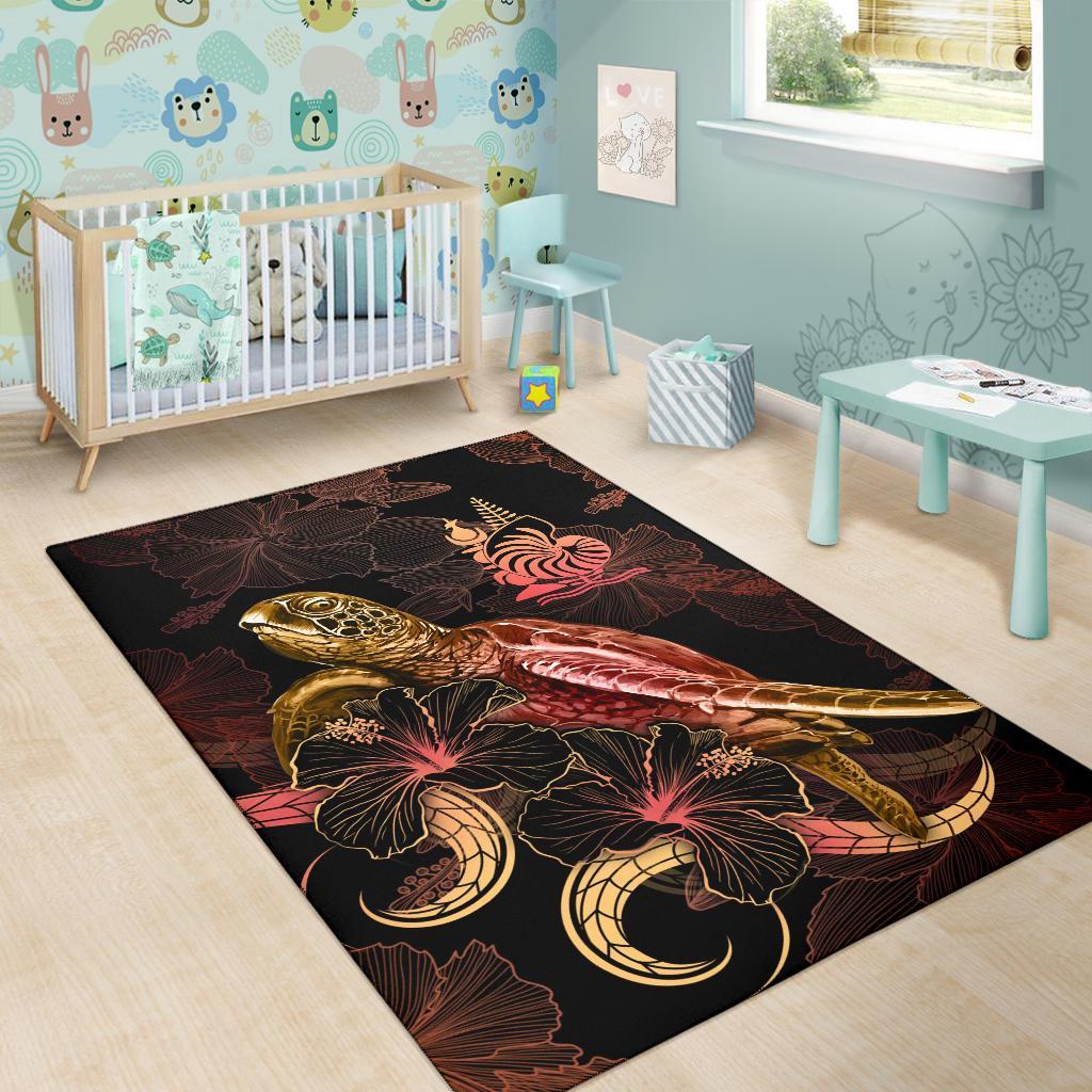 New Caledonia Polynesian Area Rugs - Turtle With Blooming Hibiscus Gold