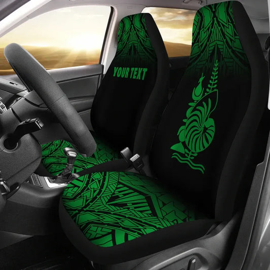 New Caledonia Custom Personalised Car Seat Covers - New Caledonia Coat Of Arms Polynesian Tattoo Fog Green