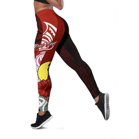 New Caledonia Polynesian Custom Personalised Legging  - Coat Of Arm With Hibiscus