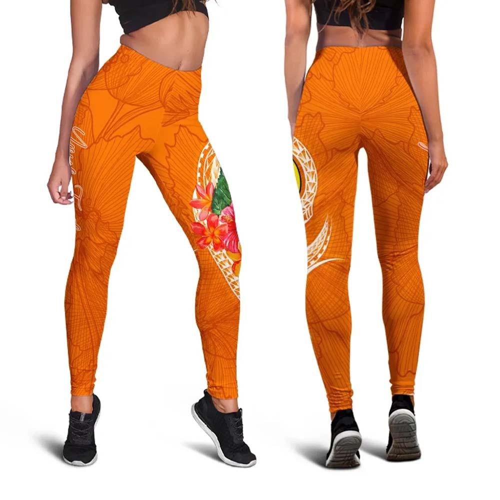 New Caledonia Polynesian Custom Personalised Legging - Orange Floral With Seal