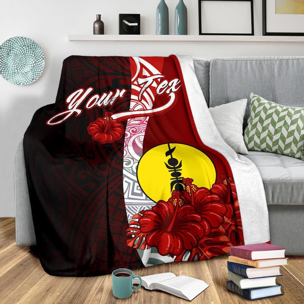 New Caledonia Polynesian Custom Personalised Premium Blanket - Coat Of Arm With Hibiscus