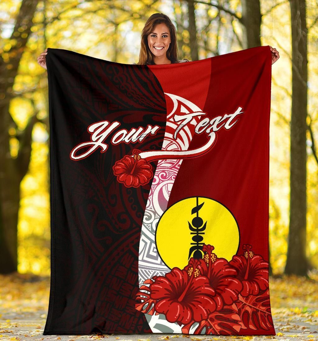 New Caledonia Polynesian Custom Personalised Premium Blanket - Coat Of Arm With Hibiscus