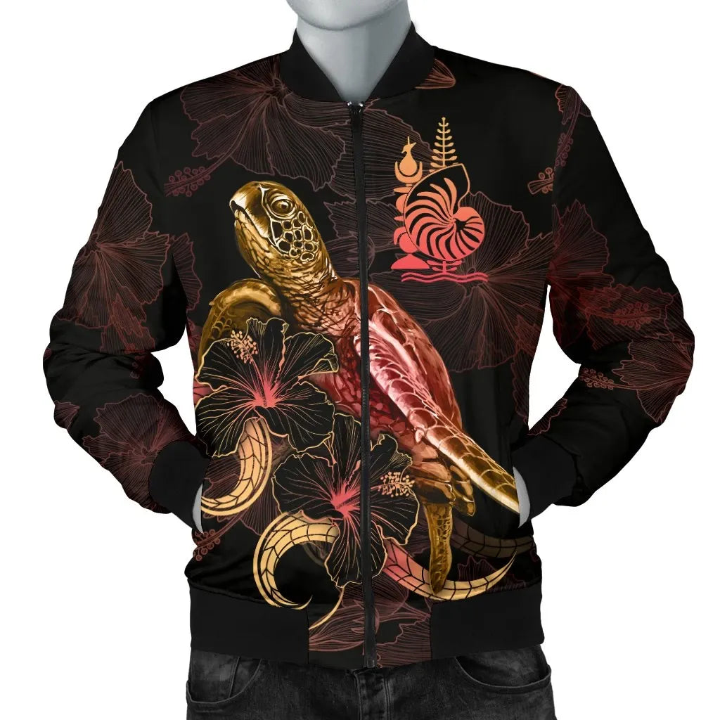 New Caledonia Polynesian Bomber Jacket - Turtle With Blooming Hibiscus Gold