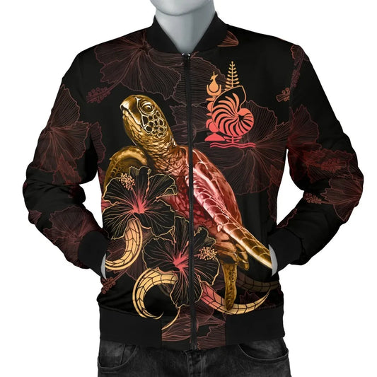 New Caledonia Polynesian Bomber Jacket - Turtle With Blooming Hibiscus Gold
