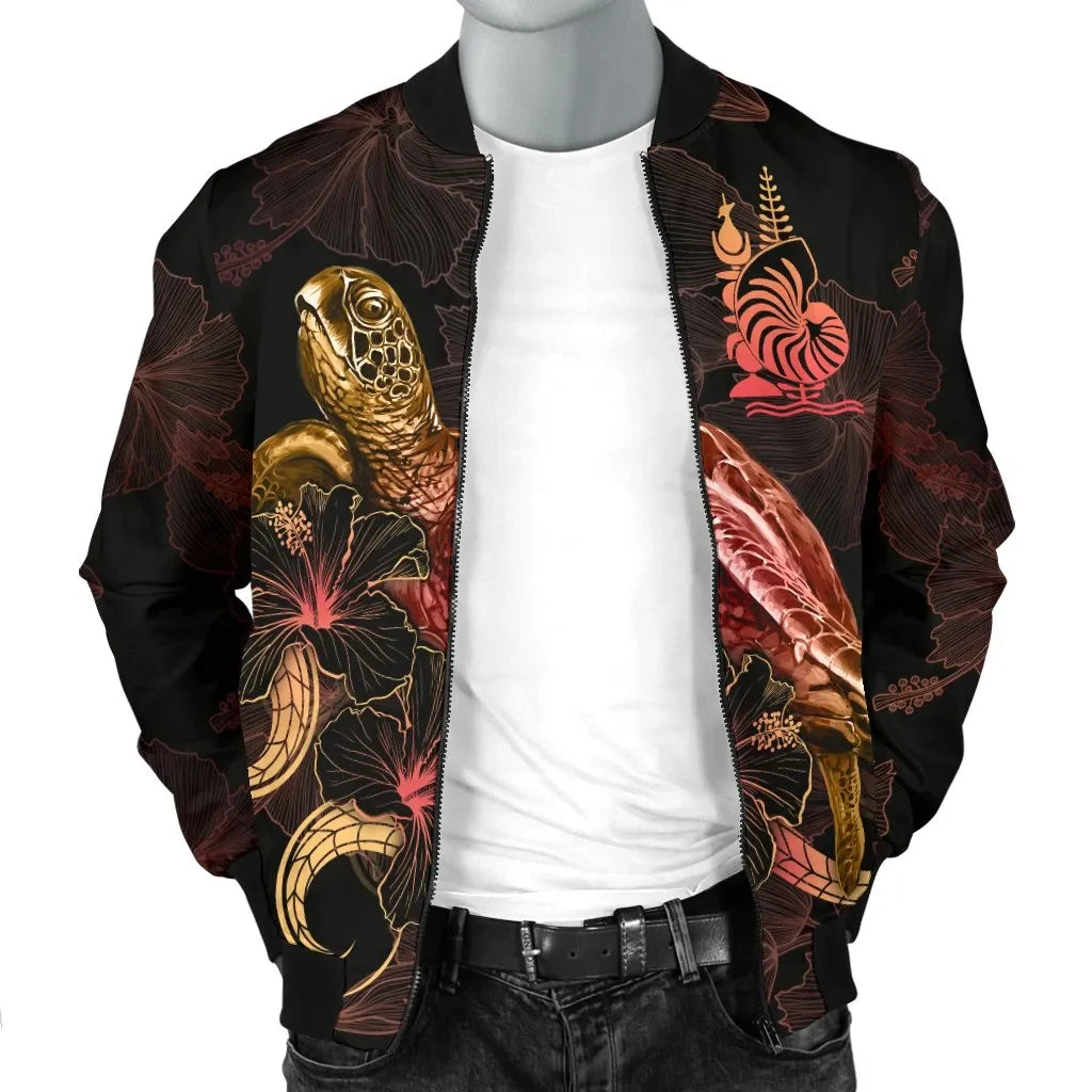 New Caledonia Polynesian Bomber Jacket - Turtle With Blooming Hibiscus Gold