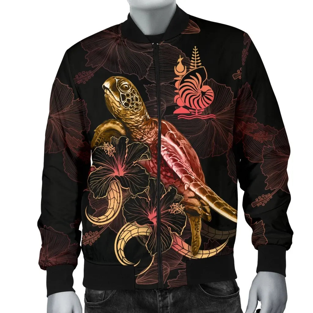 New Caledonia Polynesian Bomber Jacket - Turtle With Blooming Hibiscus Gold