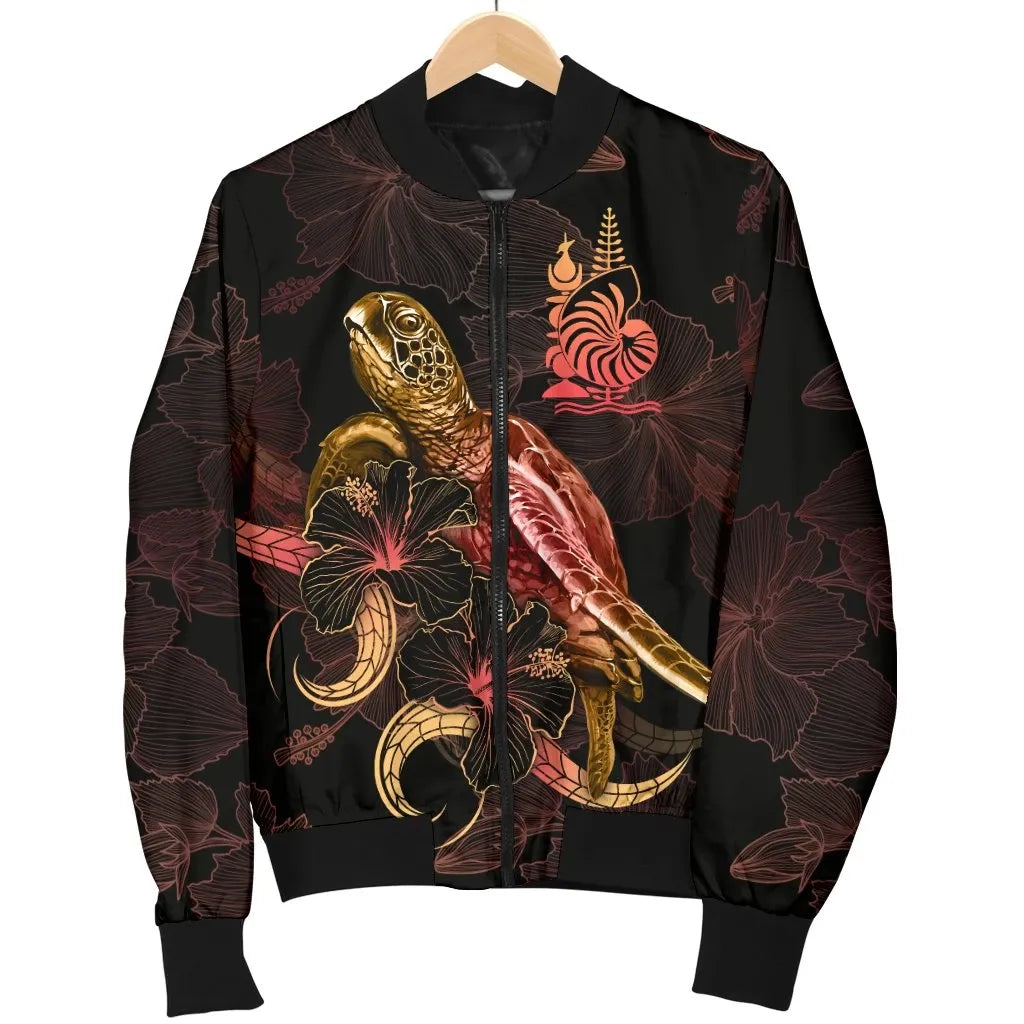 New Caledonia Polynesian Bomber Jacket - Turtle With Blooming Hibiscus Gold