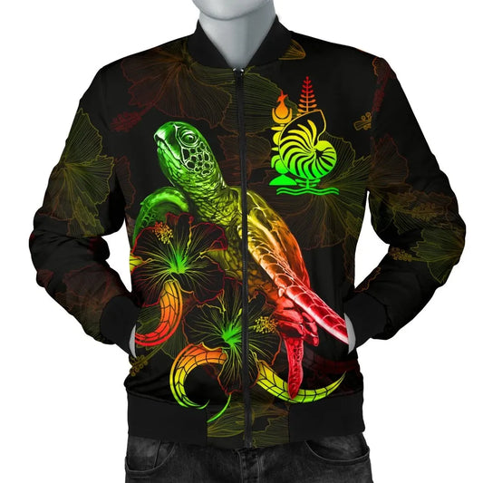 New Caledonia Polynesian Bomber Jacket - Turtle With Blooming Hibiscus Reggae