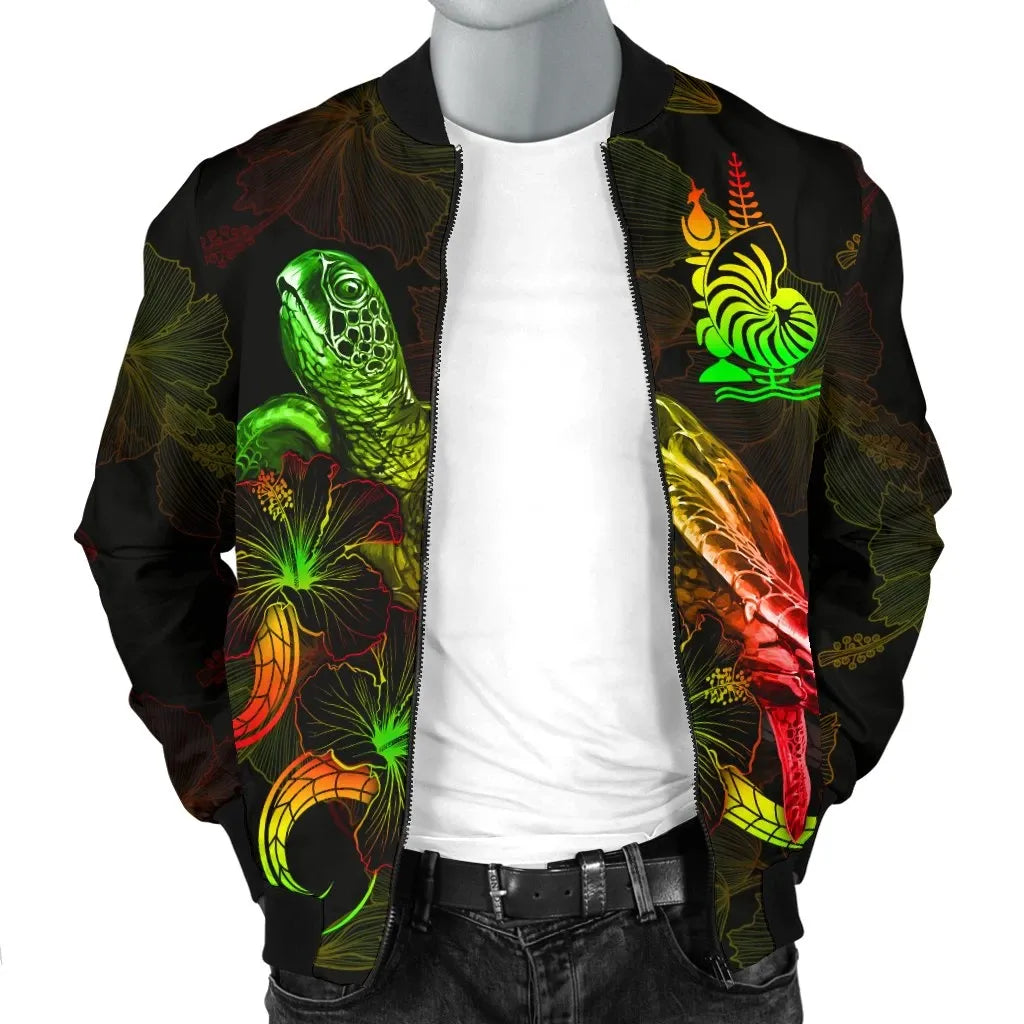 New Caledonia Polynesian Bomber Jacket - Turtle With Blooming Hibiscus Reggae