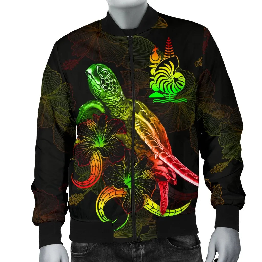 New Caledonia Polynesian Bomber Jacket - Turtle With Blooming Hibiscus Reggae