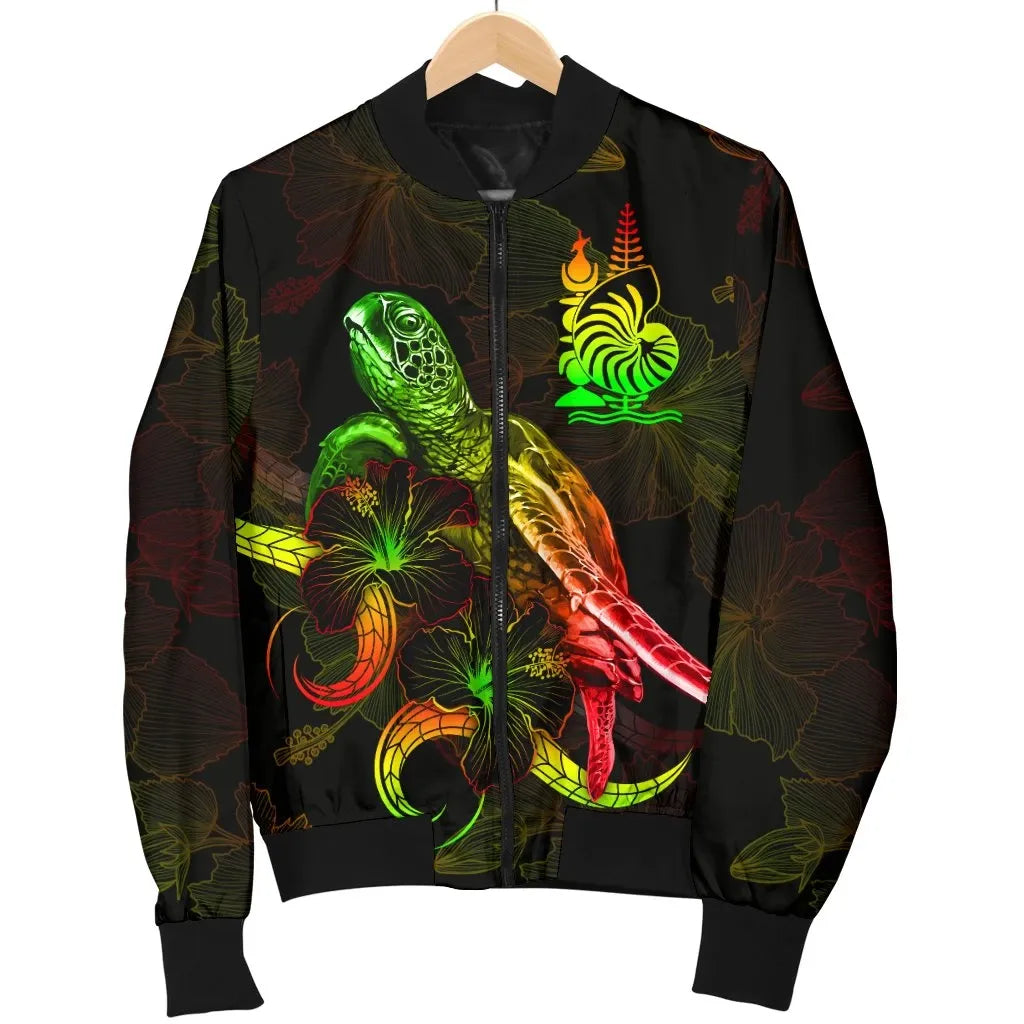 New Caledonia Polynesian Bomber Jacket - Turtle With Blooming Hibiscus Reggae