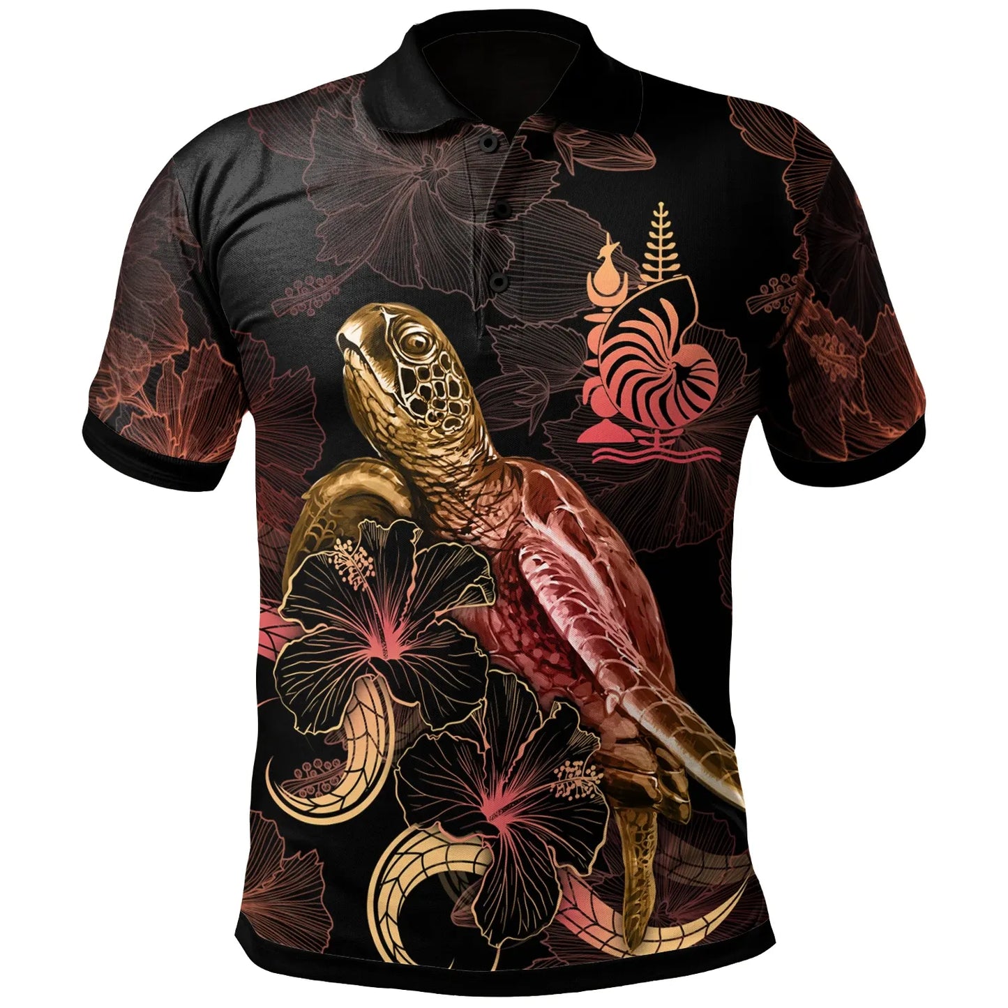 New Caledonia Polynesian Polo Shirt - Turtle With Blooming Hibiscus Gold