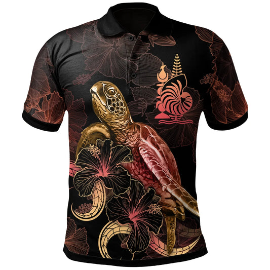 New Caledonia Polynesian Polo Shirt - Turtle With Blooming Hibiscus Gold