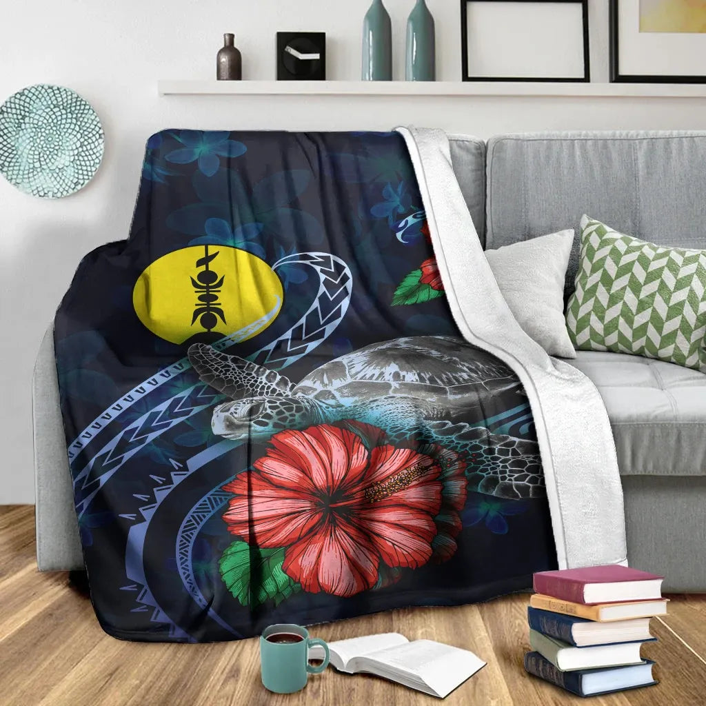 New Caledonia Polynesian Premium Blanket - Blue Turtle Hibiscus