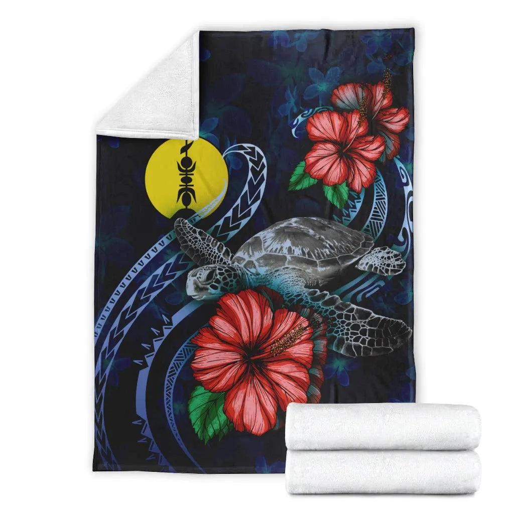 New Caledonia Polynesian Premium Blanket - Blue Turtle Hibiscus