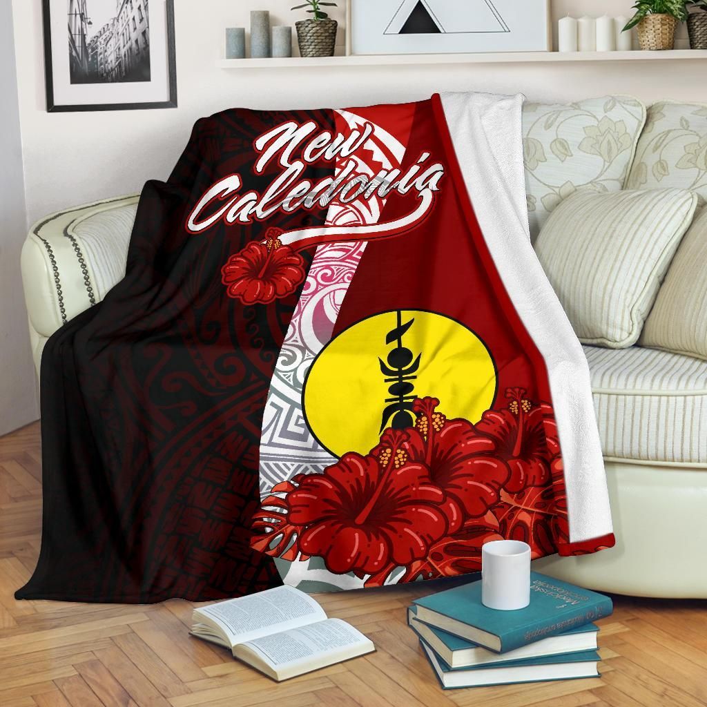 New Caledonia Polynesian Premium Blanket - Coat Of Arm With Hibiscus