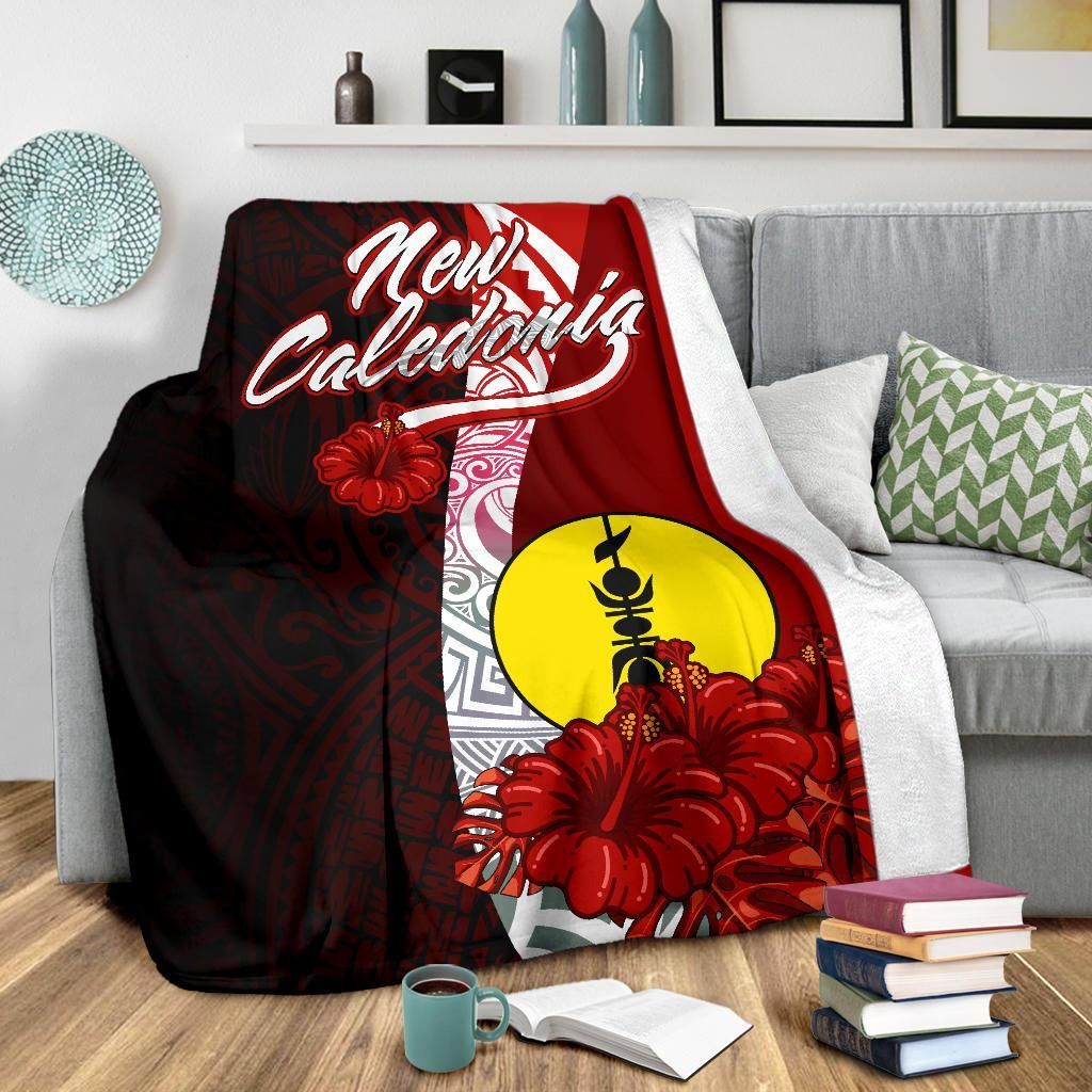 New Caledonia Polynesian Premium Blanket - Coat Of Arm With Hibiscus