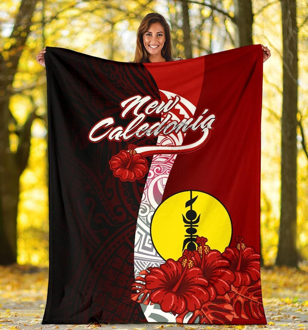 New Caledonia Polynesian Premium Blanket - Coat Of Arm With Hibiscus