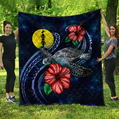 New Caledonia Polynesian Premium Quilt - Blue Turtle Hibiscus