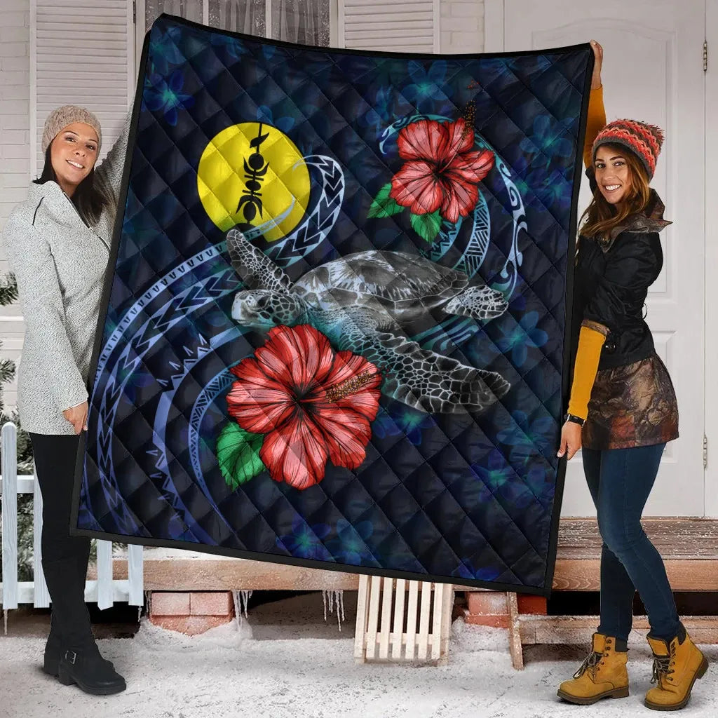 New Caledonia Polynesian Premium Quilt - Blue Turtle Hibiscus