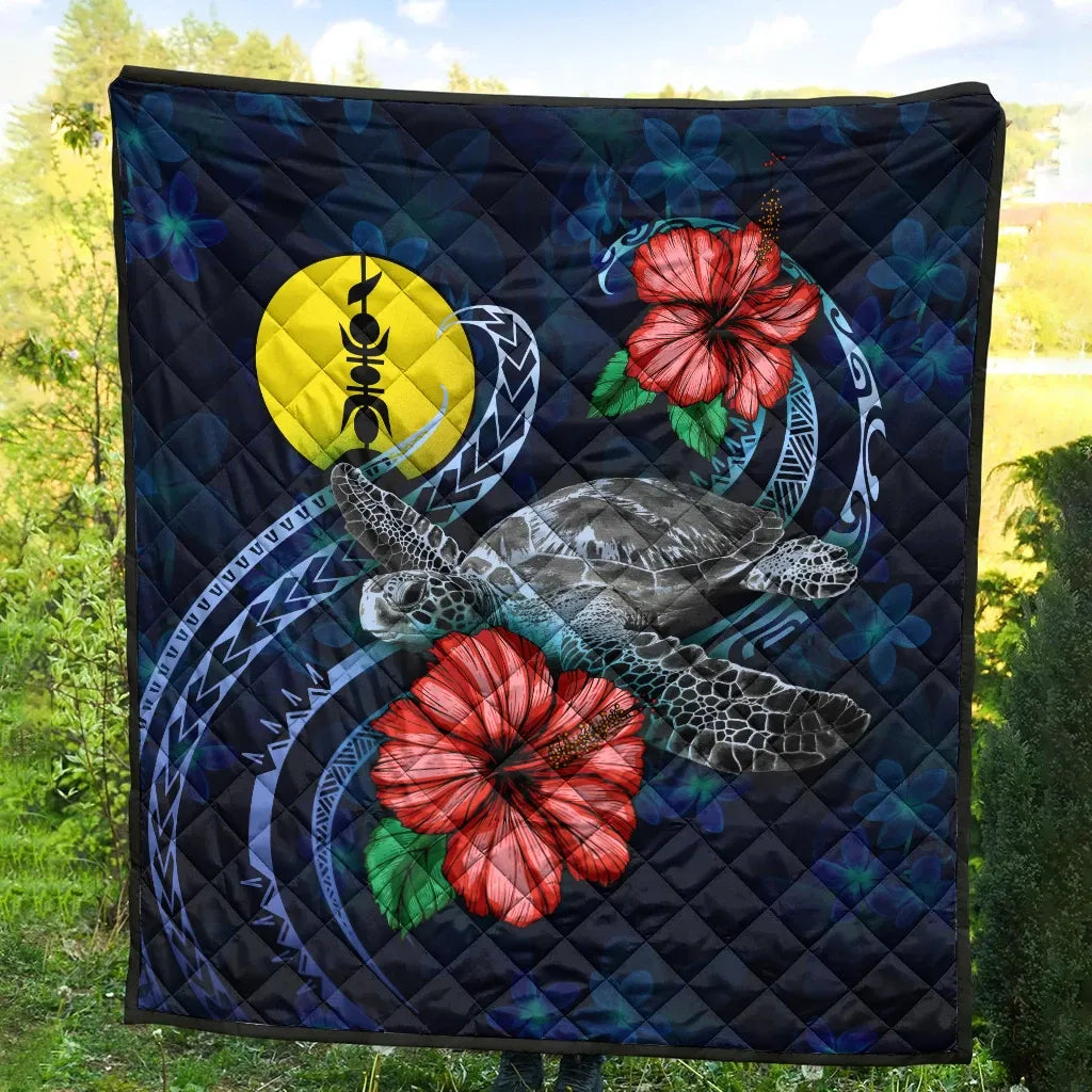 New Caledonia Polynesian Premium Quilt - Blue Turtle Hibiscus