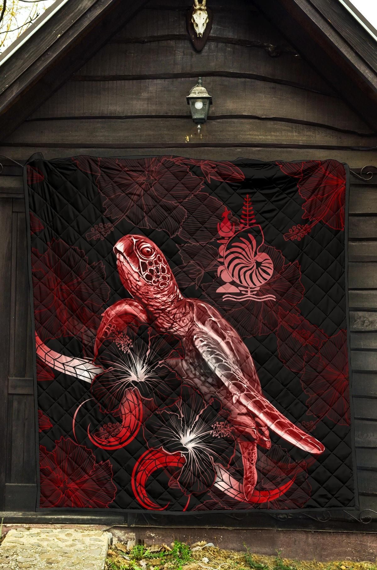 New Caledonia Polynesian Premium Quilt - Turtle With Blooming Hibiscus Red