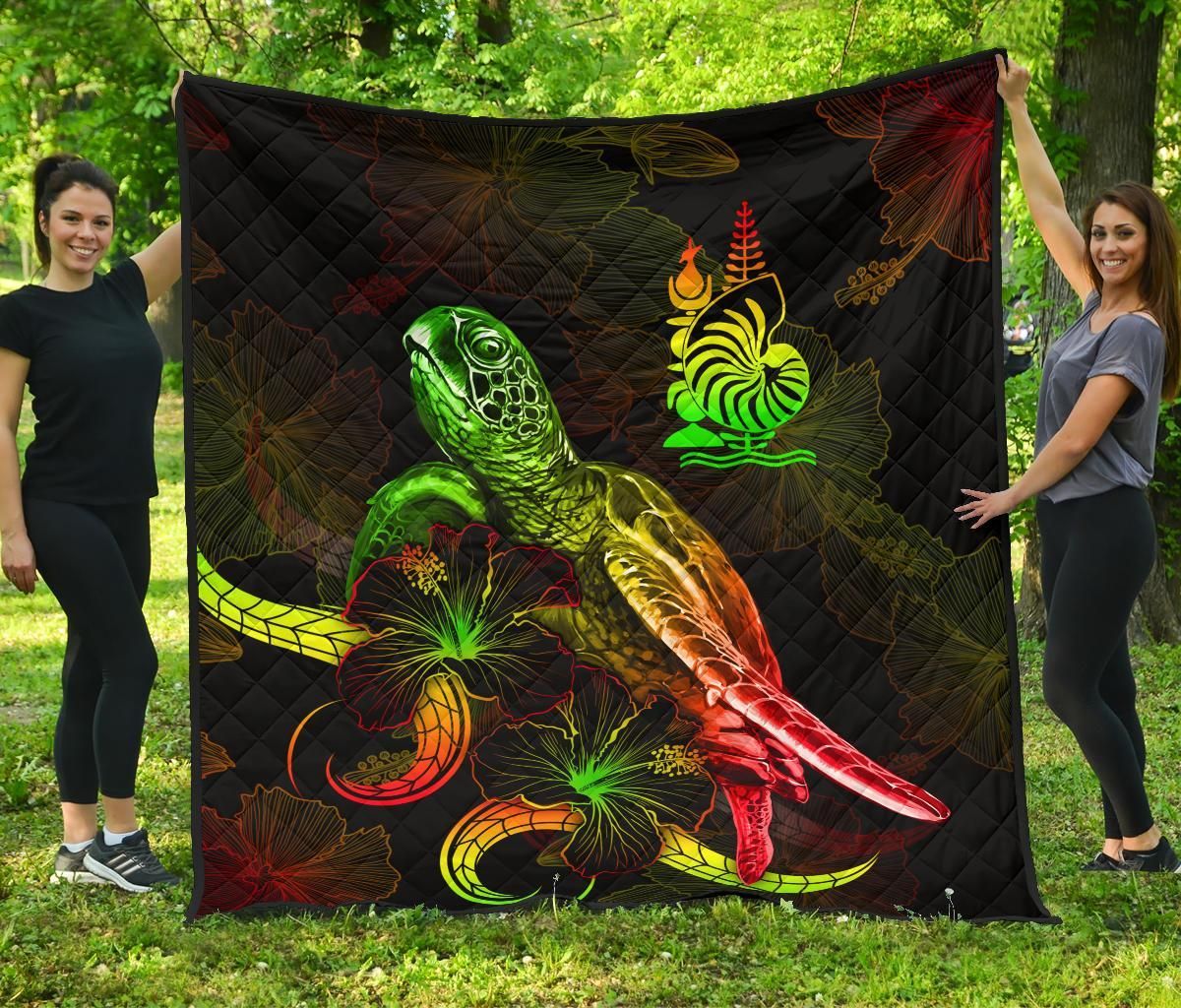 New Caledonia Polynesian Premium Quilt - Turtle With Blooming Hibiscus Reggae